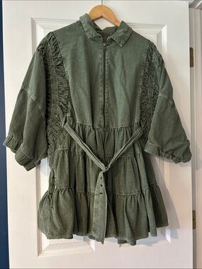 Free People Olive Green Textured Zip-Front  Dress